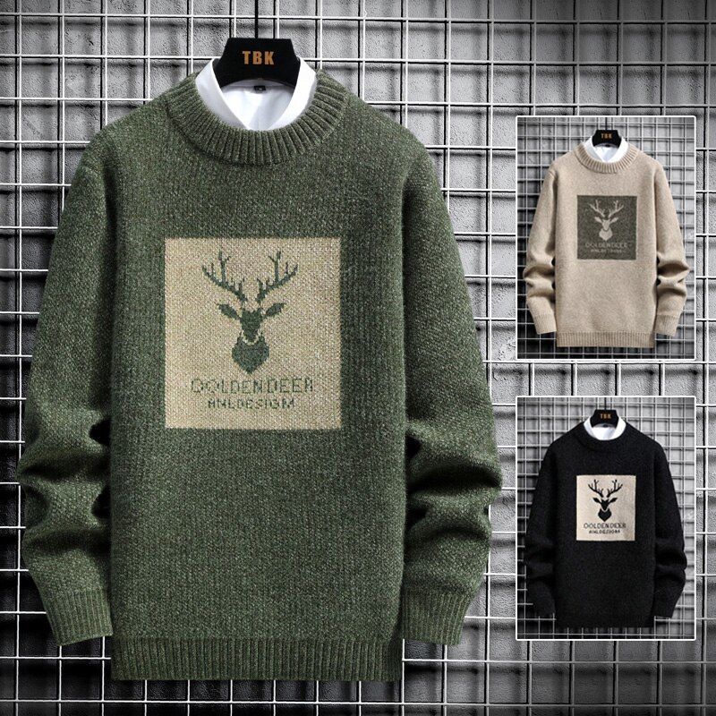 2022 Spring Vintage Sweaters Oversized Mens Knitted Sweater Men  deer print Pullover Hip Hop Harajuku  White Sweater
